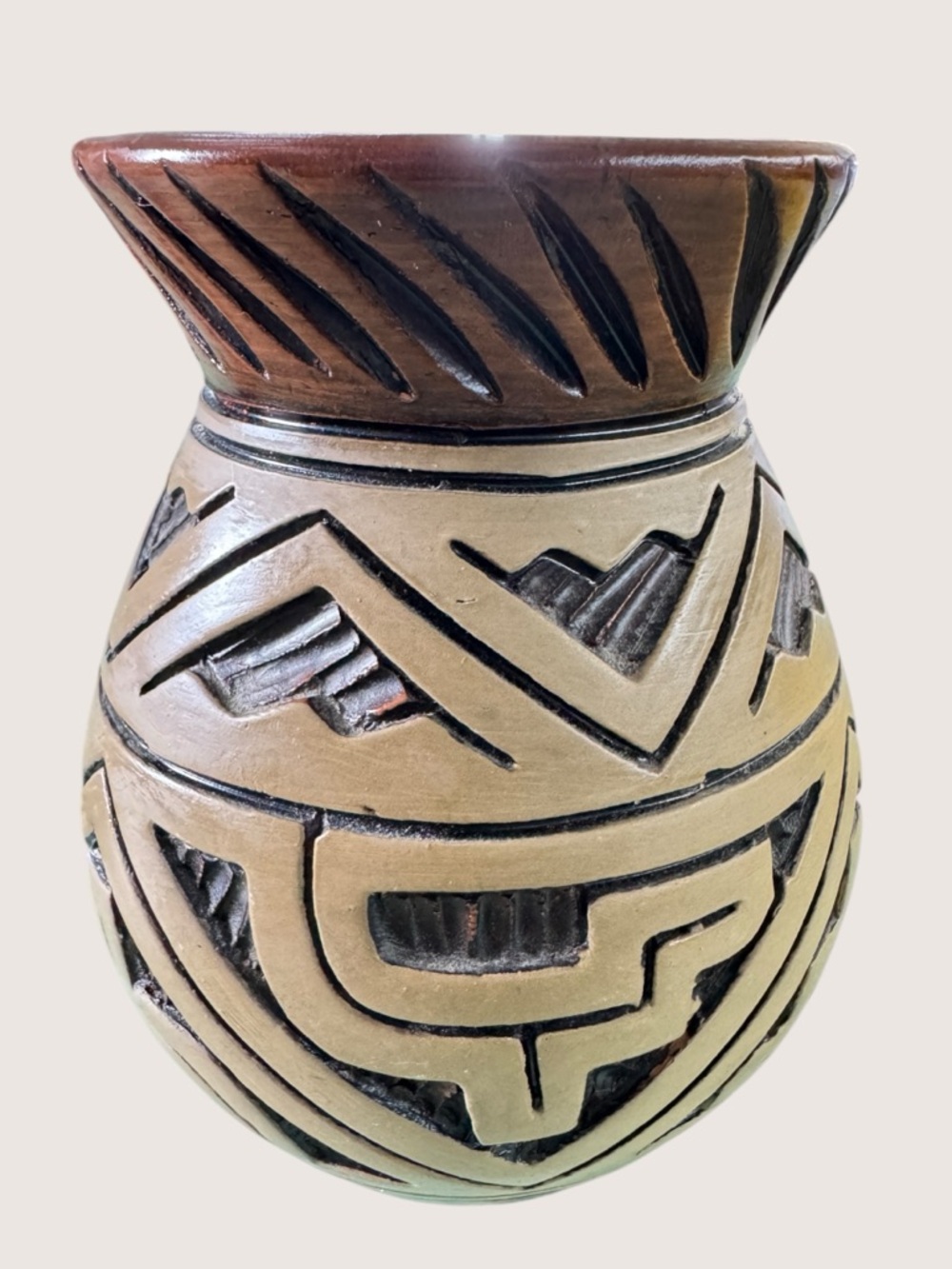 Hand Carved Mexican Redware Pottery Vase Tribal Marajoara Style Boho Decor - Picture 5 of 11